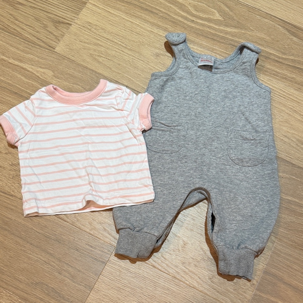 Hannah Andersson Gray Overalls and Pink Striped T-Shirt Set